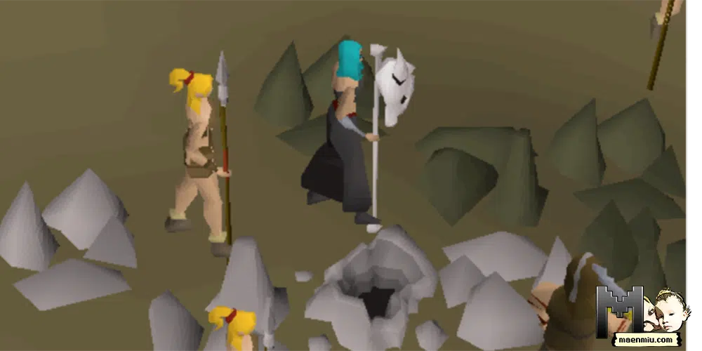 Old School RuneScape character sanding at the entrance of the Stronghold of Security, maenmiu logo