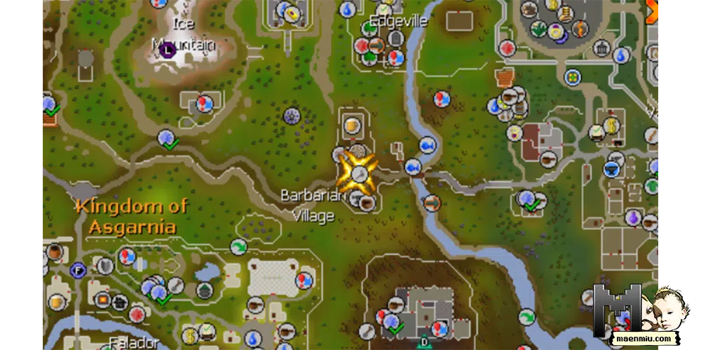 Old School RuneScape map expanded with character pointer at the Barbarian village, maenmiu logo