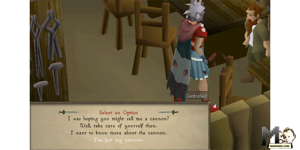 Old School RuneScape character talking to Nulodion, maenmiu logo