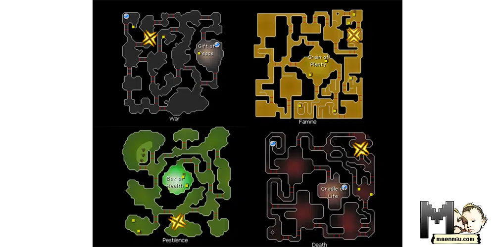 OSRS map expanded with the levels of the Stronghold of Security, maenmiu logo