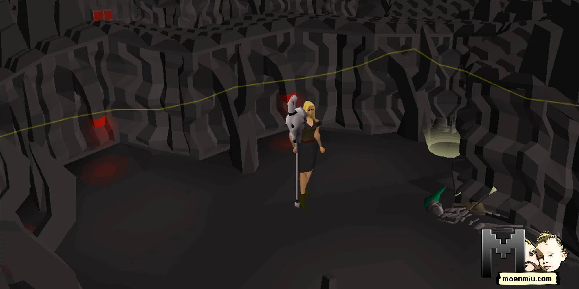 Old School RuneScape character wielding the Skull Sceptre inside the Stronghold of Security, maenmiu logo