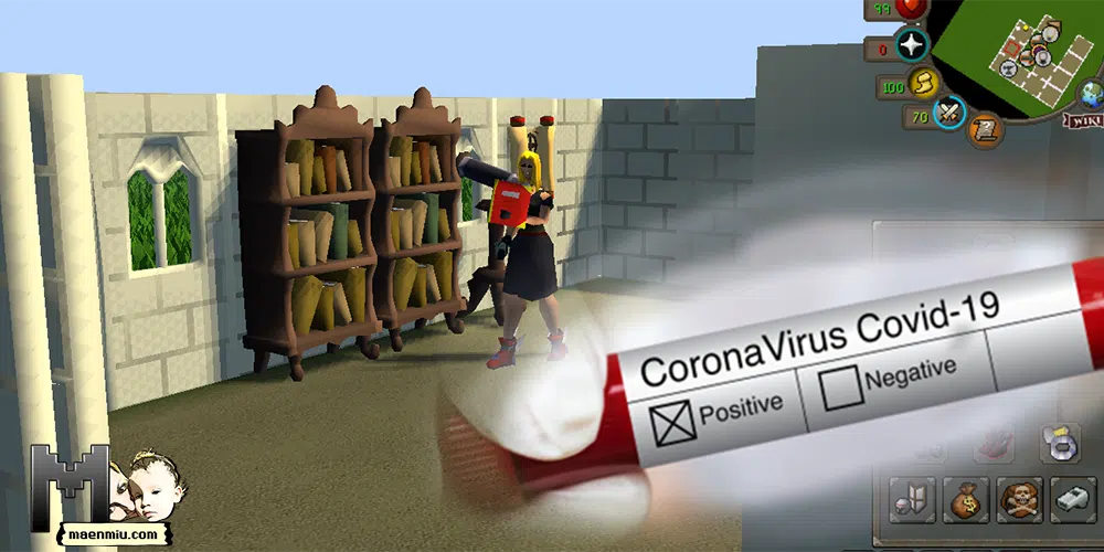 OSRS character in a player owned house near the bookcase holding a gods' book and covid 19 vial, maenmiu logo