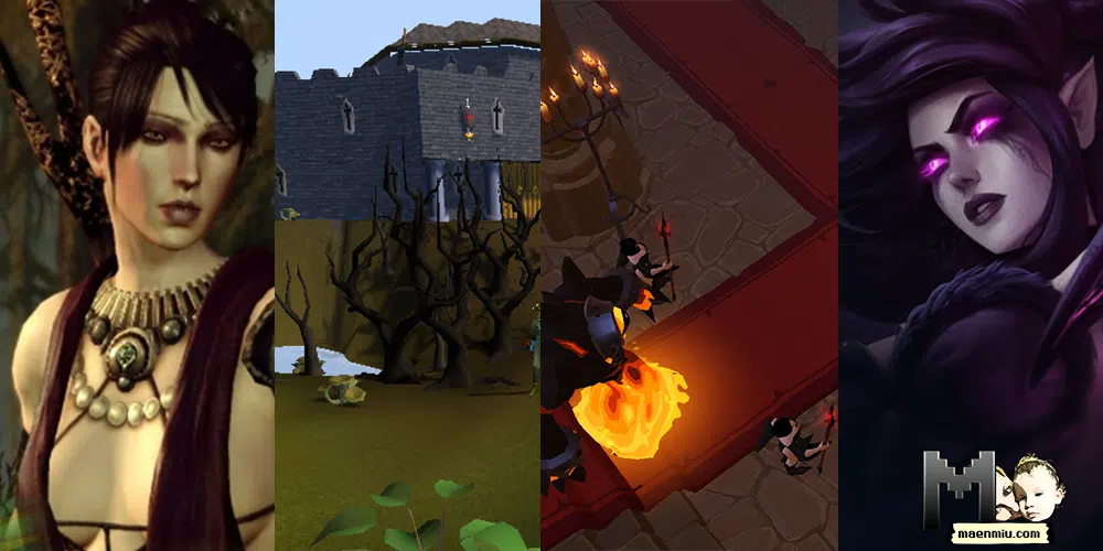 Dragon Age's Morrigan, OSRS Keep Lefeye, Morgana from Lol, and Albion Online Morgana Dungeon Mobs split screen, maenmiu logo