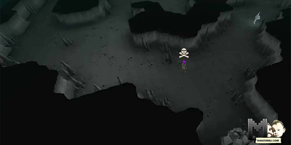 Skulled OSRS character at the deeper entrance of the Revenants' cave, maenmiu logo