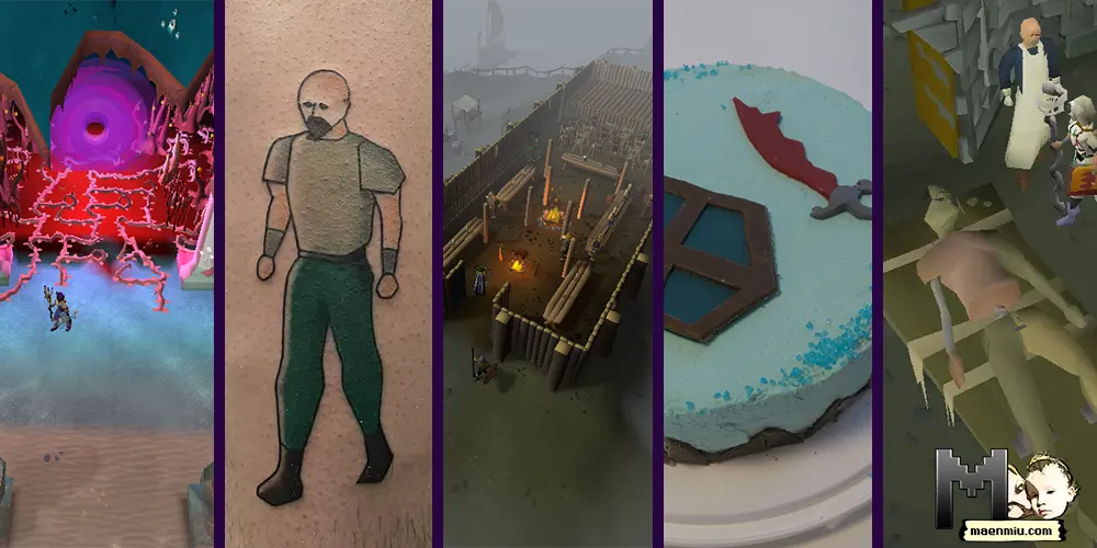 OSRS vs IRL split image with gotr, OSRS character, Relleka lohnghall, dragon scimitar and rune kiteshield cake, Frenkenstein, and maenmiu logo