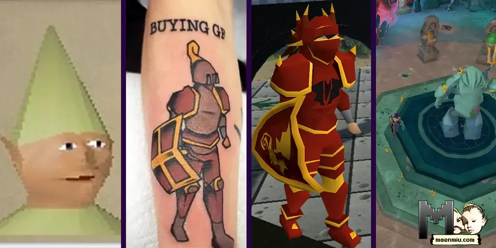 osrs memes cover split screen of gnome child meme, buying gf meme, trimming armour meme, and fucking irons meme, maenmiu logo