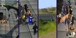 OSRS scams split screen of various angles at the grand exchange where most scams happen, maenmiu logo