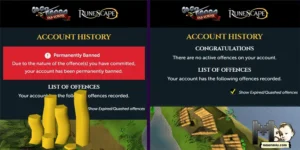 OSRS second hand RMT/ RWT ban screens splitscreen, maenmiu logo