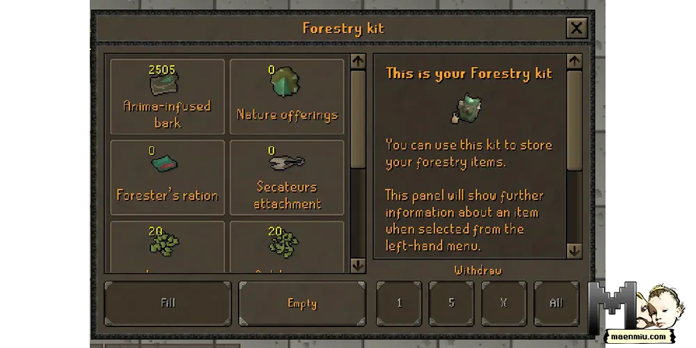 OSRS bank slot saving item, forestry kit, maenmiu logo