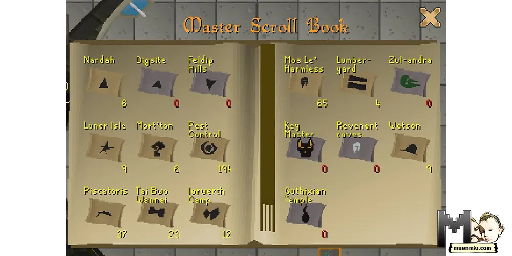 OSRS bank slot saving item, master scroll book, maenmiu logo