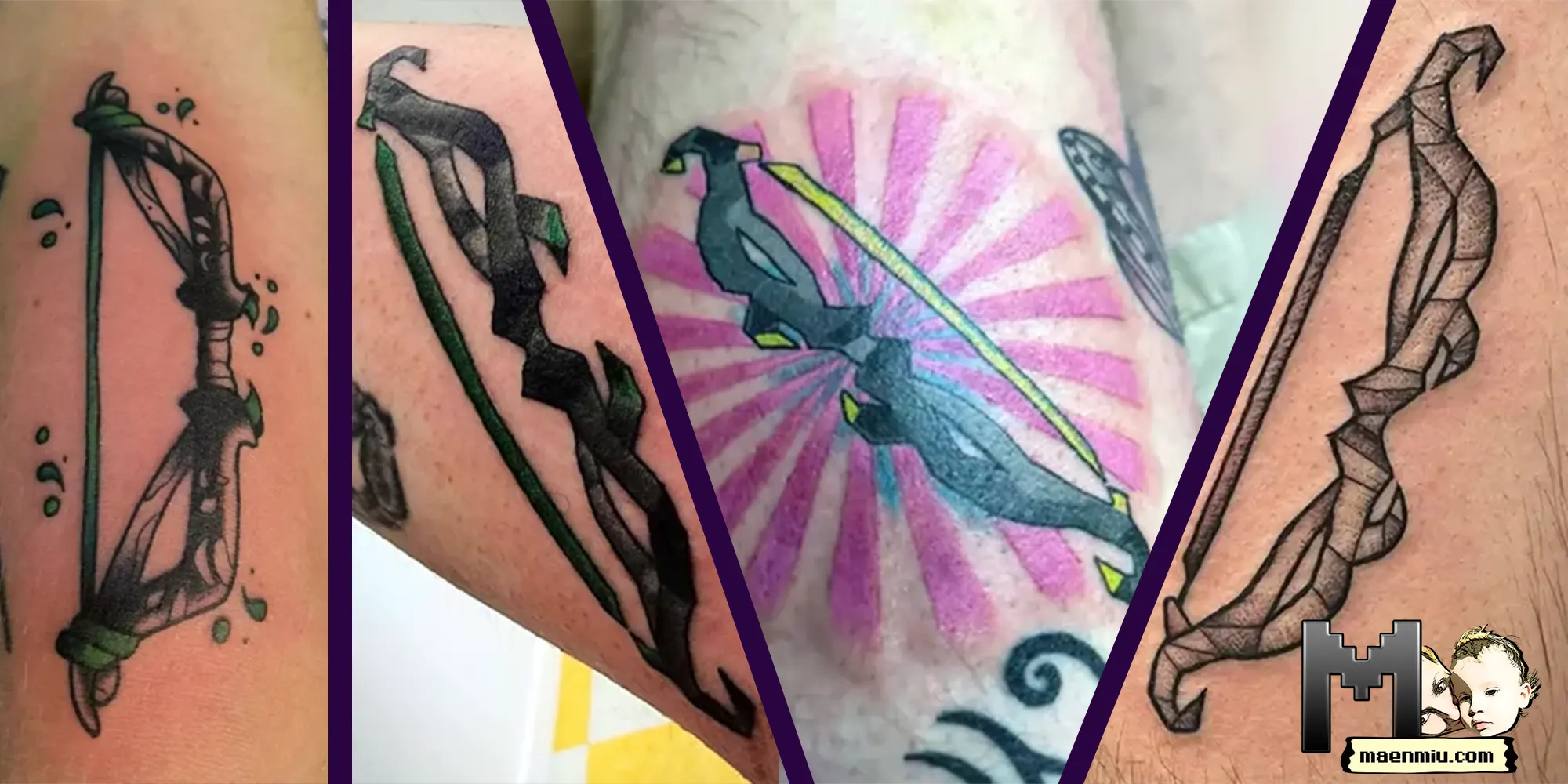 OSRS tattoos, OSRS weapon tattoo, Twisted Bow tattoo, split screen cover, maenmiu logo